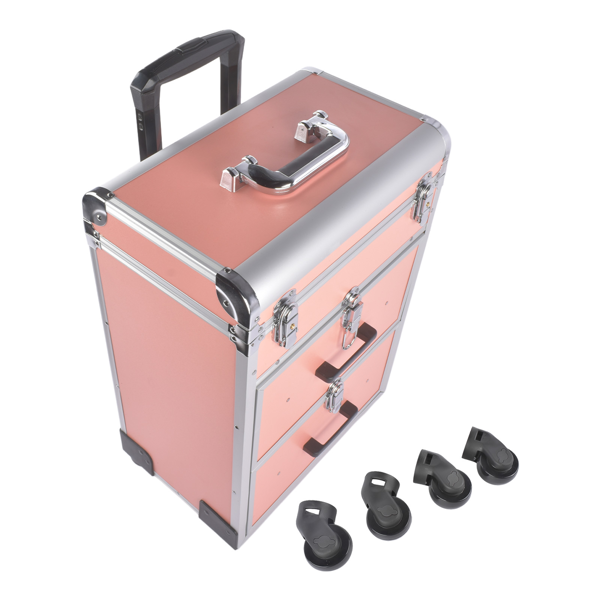 A1-万向轮拉杆美甲纹绣化妆箱 Portable 3-Tier Rolling Makeup Case with Universal Wheels for Makeup, Nail Art, Hair Styling Tools Storage (Coral Pink + Silver)-5