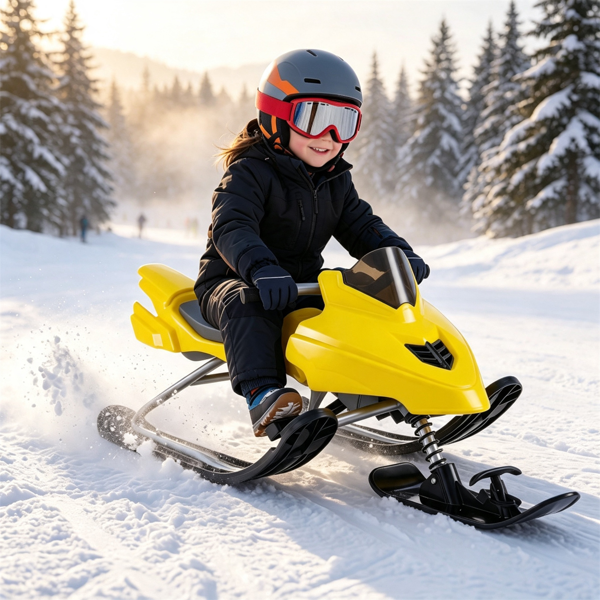 2合1儿童雪地赛车雪橇，带牵引绳，30°转向和双脚刹车，适合6-12岁儿童的符合人体工程学的座椅冬季滑板 - 黄色-10