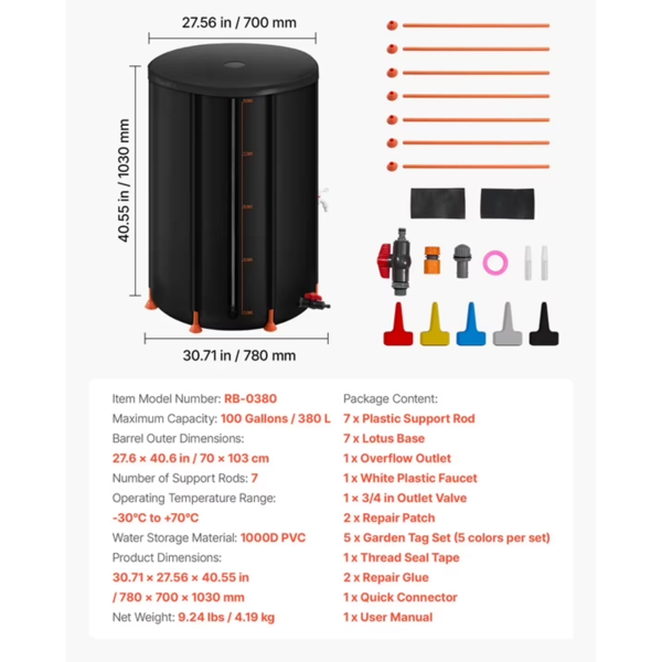 可折叠雨水收集桶，100 加仑便携储水系统，1000D 加厚 PVC 储水箱，带水龙头与溢流配件，黑色-2