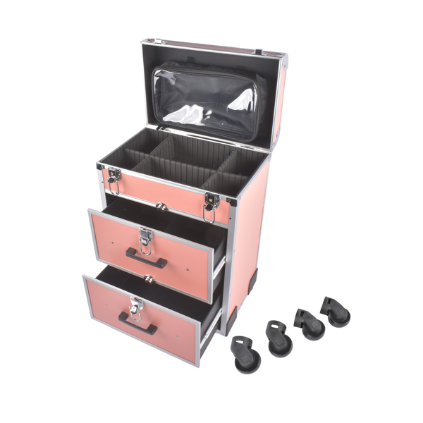 A1-万向轮拉杆美甲纹绣化妆箱 Portable 3-Tier Rolling Makeup Case with Universal Wheels for Makeup, Nail Art, Hair Styling Tools Storage (Coral Pink + Silver)-2