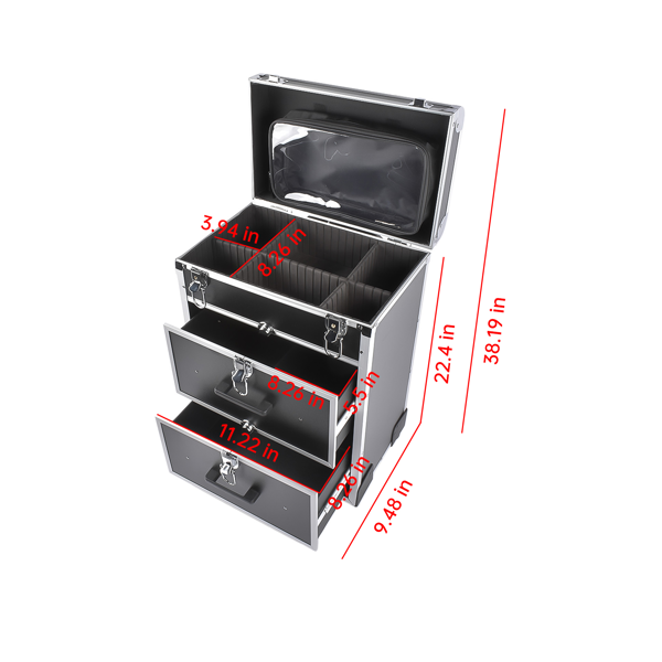 A1-万向轮拉杆美甲纹绣化妆箱 Portable 3-Tier Rolling Makeup Case with Universal Wheels for Makeup, Nail Art, Hair Styling Tools Storage (Black + Silver)-7