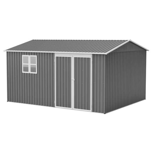 12×10 英尺重型储物棚，户外金属园艺工具房，带窗户与安全锁，防水抗紫外线，配备 4 处通风口、底部支撑框架 —— 大容量庭院储物棚，可存放自行车、工具箱、除草机-12