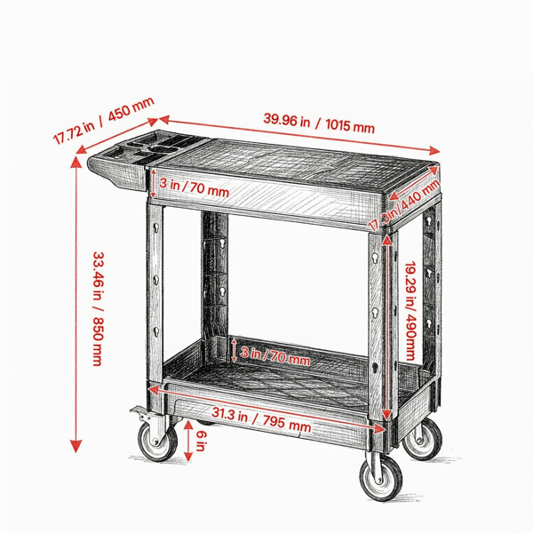 550磅多功能车，31.3 x 17.7英寸2架重型塑料服务车，带360°旋转轮（2个带制动器），适用于仓库、车库和清洁-3