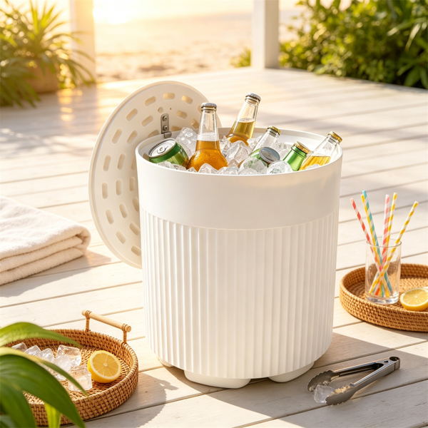 三合一户外冷藏边桌、6.2加仑隔热冰桶桌、全天候HDPE PP露台饮料冷藏桌，带木盖，适合游泳池后院阳台娱乐-4