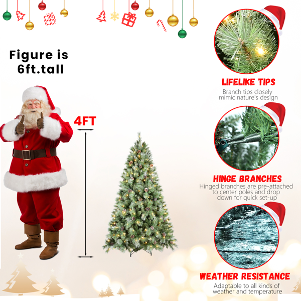 人造4英尺植绒圣诞树，376PVC/硬针混合枝尖，150棵LED灯珠，天然松果，优质铰链和可折叠底座圣诞节装饰-2