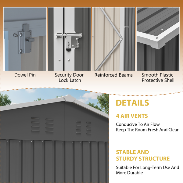 12×10 英尺重型储物棚，户外金属园艺工具房，带窗户与安全锁，防水抗紫外线，配备 4 处通风口、底部支撑框架 —— 大容量庭院储物棚，可存放自行车、工具箱、除草机-5