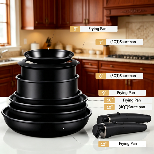 23件 七锅两盖 可拆卸手柄 烹饪锅具 黑色 铝锅套装-1