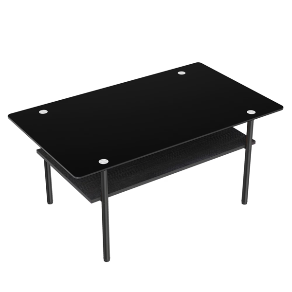 现代长方形玻璃茶几，钢化玻璃台面 + 木质下层置物板，38.6 英寸客厅中央茶几，黑色-3