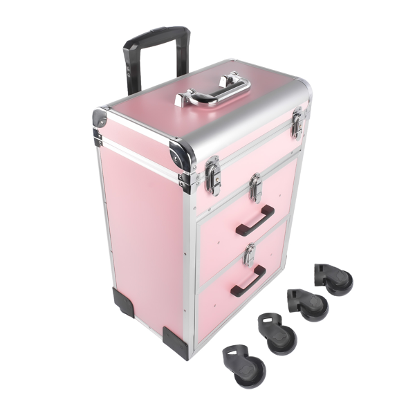 A1-万向轮拉杆美甲纹绣化妆箱 Portable 3-Tier Rolling Makeup Case with Universal Wheels for Makeup, Nail Art, Hair Styling Tools Storage (Pink + Silver)-2