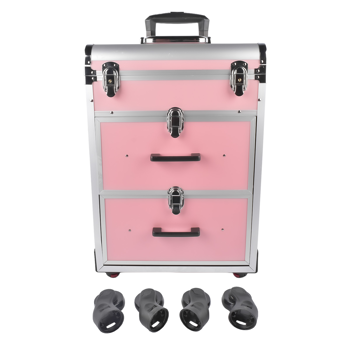 A1-万向轮拉杆美甲纹绣化妆箱 Portable 3-Tier Rolling Makeup Case with Universal Wheels for Makeup, Nail Art, Hair Styling Tools Storage (Pink + Silver)
