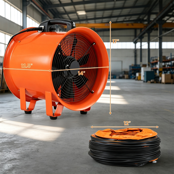 25FT PVC管道软管工业通风扇，520W高效轴流排气扇3300 RPM，低噪音7叶鼓风机，用于仓库地下室隧道排烟-6