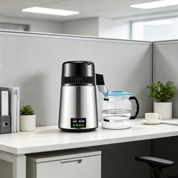 1.1加仑750W台式蒸馏水器，0.3加仑/小时，带温度显示器和0-99H定时器，包括玻璃水瓶、清洁粉和3个碳包，银色-6