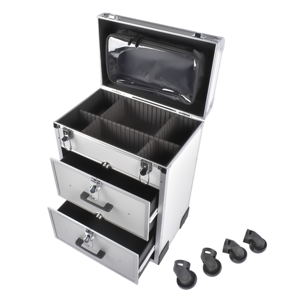 A1-万向轮拉杆美甲纹绣化妆箱 Portable 3-Tier Rolling Makeup Case with Universal Wheels for Makeup, Nail Art, Hair Styling Tools Storage (Silver)-2