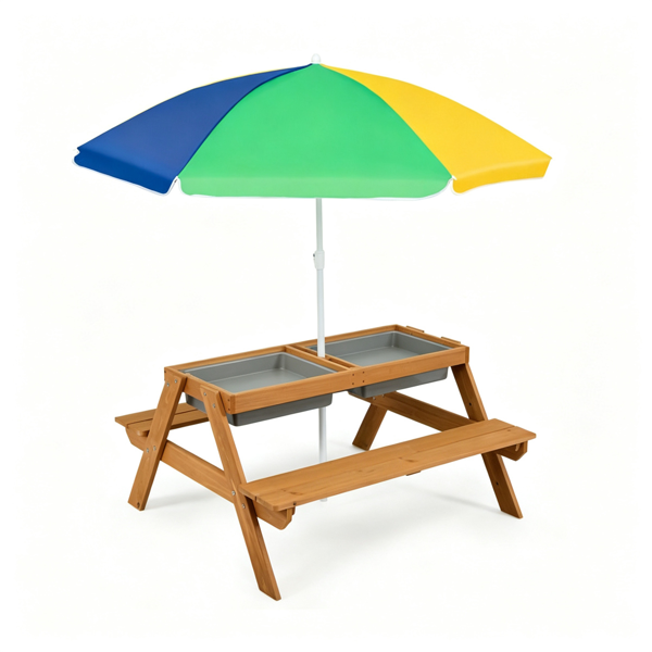 带可调节雨伞的三合一儿童野餐桌、带可拆卸储物箱的冷杉木户外活动桌、适合3-7岁儿童的沙水游戏桌-黄色-2