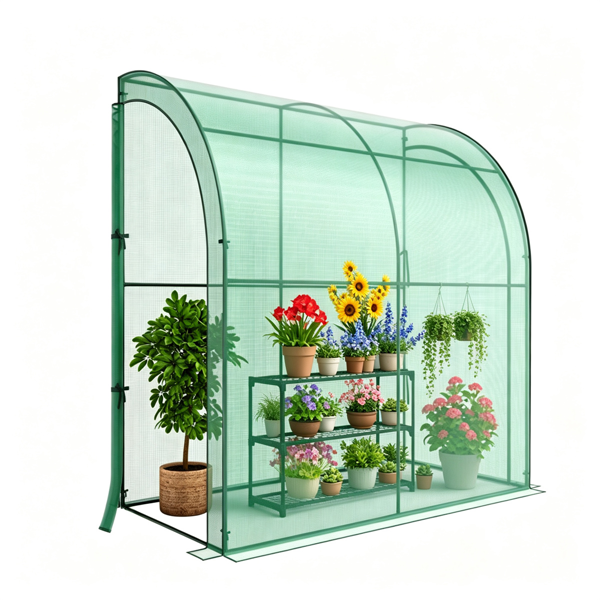 7 x 3.5 x 7英尺倾斜步入式温室，带3层架子，防水防晒PE墙温室，重型金属框架抗风植物生长帐篷，带卷帘门-绿色-2
