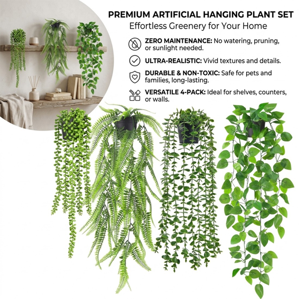 UK4件装盆栽仿真悬挂植物室内假蔓生植物家居房间（曼陀罗尤加利长波斯绿萝）-5