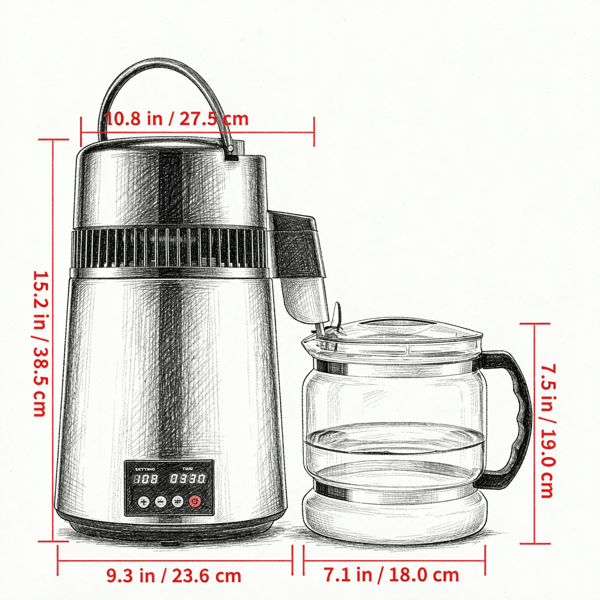 1.1加仑750W台式蒸馏水器，0.3加仑/小时，带温度显示器和0-99H定时器，包括玻璃水瓶、清洁粉和3个碳包，银色-5