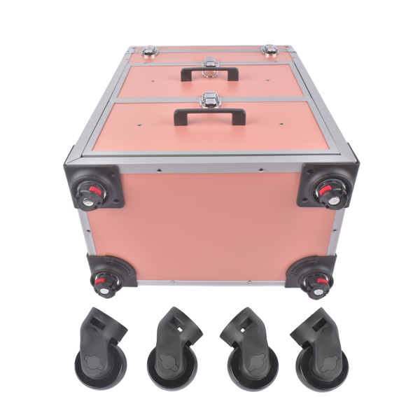 A1-万向轮拉杆美甲纹绣化妆箱 Portable 3-Tier Rolling Makeup Case with Universal Wheels for Makeup, Nail Art, Hair Styling Tools Storage (Coral Pink + Silver)-6