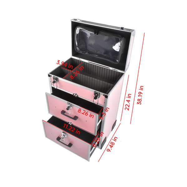 A1-万向轮拉杆美甲纹绣化妆箱 Portable 3-Tier Rolling Makeup Case with Universal Wheels for Makeup, Nail Art, Hair Styling Tools Storage (Pink + Silver)-7