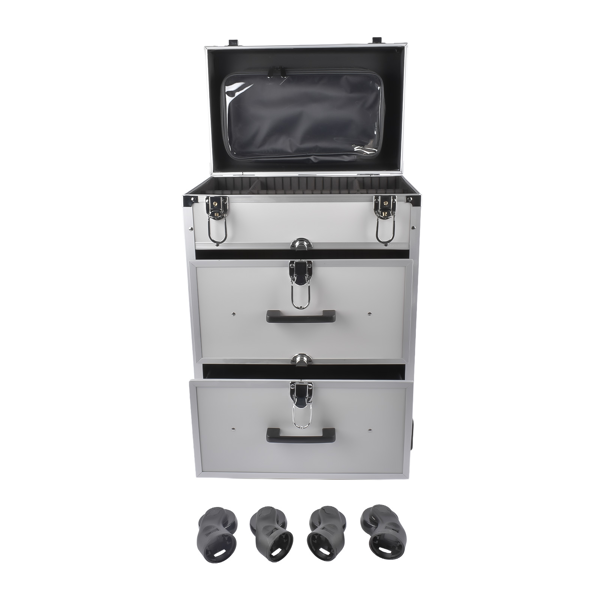 A1-万向轮拉杆美甲纹绣化妆箱 Portable 3-Tier Rolling Makeup Case with Universal Wheels for Makeup, Nail Art, Hair Styling Tools Storage (Silver)-3