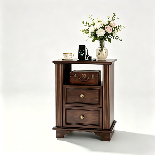 （AM禁售）2抽带搁架带插座床头柜 密度板喷漆复古床头柜 50*35*65.5cm 棕色-3