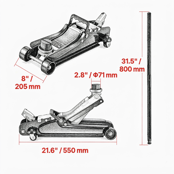2.5吨薄型落地千斤顶，起升范围3.35“-14.96”-3