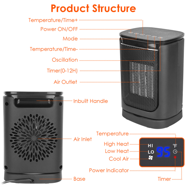 （物流随机发，自提可发加拿大）便携式陶瓷取暖器，1500W 电暖器，支持 90° 摇头、遥控、12 小时定时，具备倾倒 & 过热保护，适用于家庭、办公室、宿舍-11