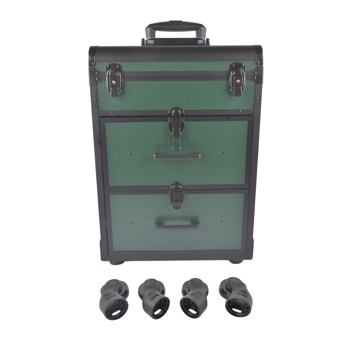 A1-万向轮拉杆美甲纹绣化妆箱 Portable 3-Tier Rolling Makeup Case with Universal Wheels for Makeup, Nail Art, Hair Styling Tools Storage (Dark Green + Black)