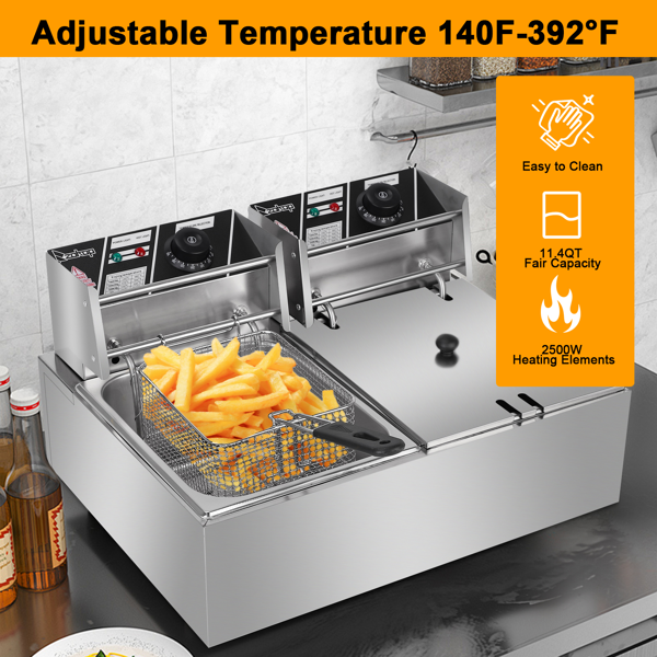 美规 EH82 110V 3400W 22.8QT/21.6L 电炸锅 银色 不锈钢 双缸/调温/UL电源线-26
