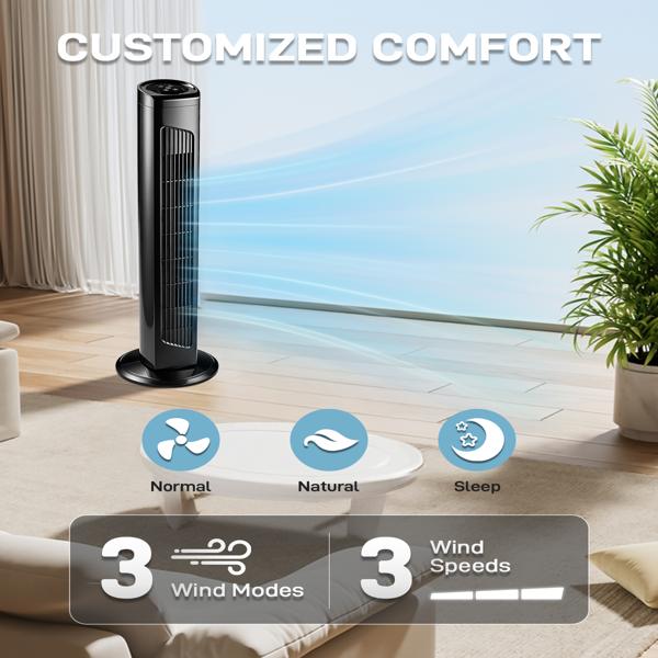 美规 RTW-AR 塔扇 110V 45W 32英寸 柱形塔扇 触控 带遥控  塑料机身 铜电机 黑色 3档 3种模式 可摇头 7.5小时定时 家用-17