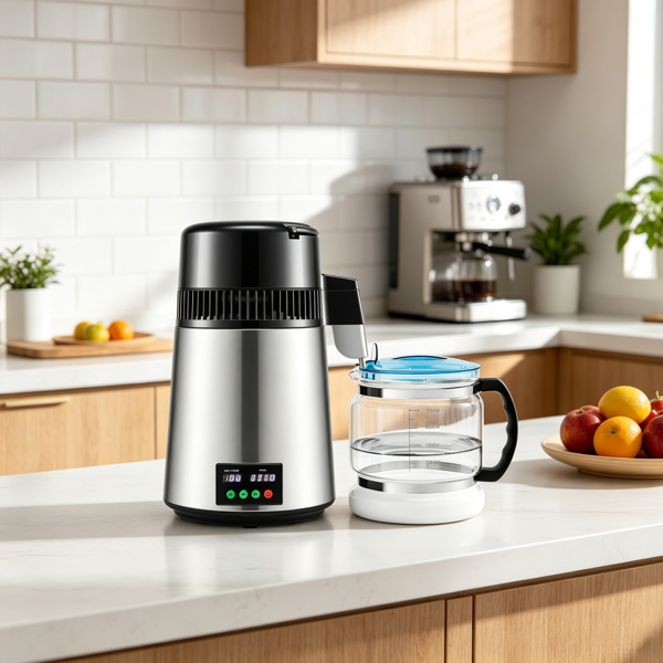 1.1加仑750W台式蒸馏水器，0.3加仑/小时，带温度显示器和0-99H定时器，包括玻璃水瓶、清洁粉和3个碳包，银色-4