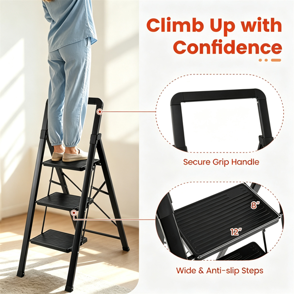 3 步折叠阶梯，330磅重型金属阶梯凳，带加固X结构，防滑宽踏板，用于家庭厨房清洁装饰的便携式折叠阶梯-3