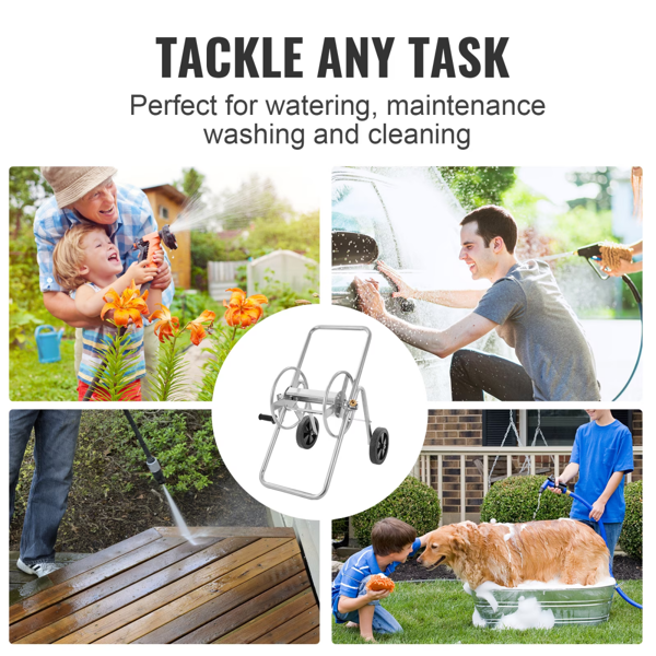 便携式园艺水管收纳推车，可收纳 175/230 英尺水管，带双滚轮、推拉把手与牢固网兜置物篮，用于花园浇灌、车辆清洗-5