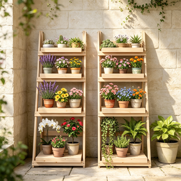 4层阶梯式植物架、可折叠的优质冷杉木花盆架、A形加固展示架、DIY定制的室内外家居花园装饰多功能储物架-自然色-6
