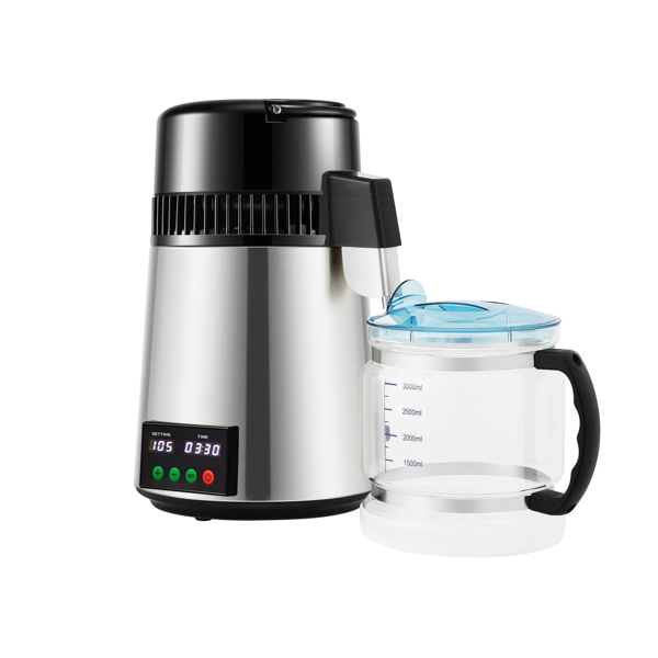 1.1加仑750W台式蒸馏水器，0.3加仑/小时，带温度显示器和0-99H定时器，包括玻璃水瓶、清洁粉和3个碳包，银色-2