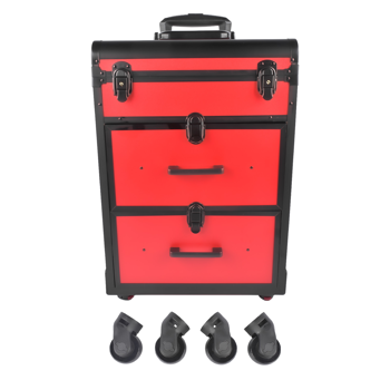 A1-万向轮拉杆美甲纹绣化妆箱 Portable 3-Tier Rolling Makeup Case with Universal Wheels for Makeup, Nail Art, Hair Styling Tools Storage (Red + Black)