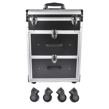 A1-万向轮拉杆美甲纹绣化妆箱 Portable 3-Tier Rolling Makeup Case with Universal Wheels for Makeup, Nail Art, Hair Styling Tools Storage (Black + Silver)