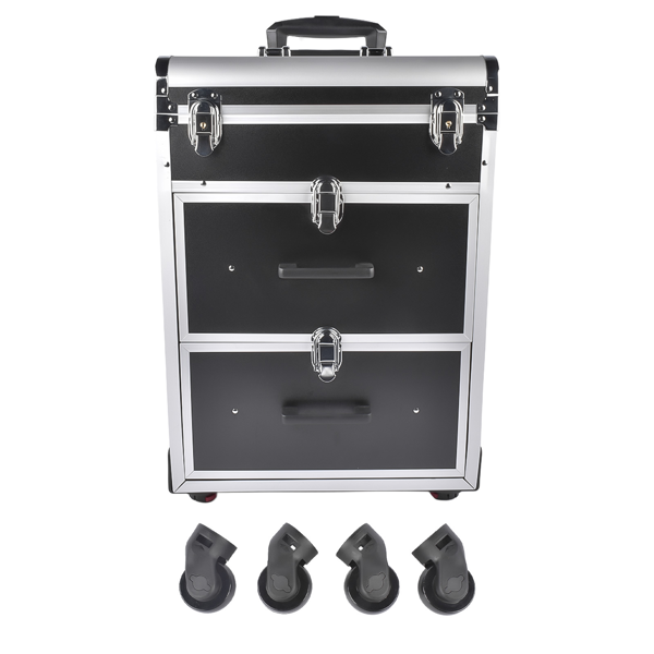 A1-万向轮拉杆美甲纹绣化妆箱 Portable 3-Tier Rolling Makeup Case with Universal Wheels for Makeup, Nail Art, Hair Styling Tools Storage (Black + Silver)-1