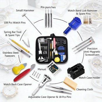 147PCS手表维修工具包后盖开启器拆卸器弹簧销杆制表机