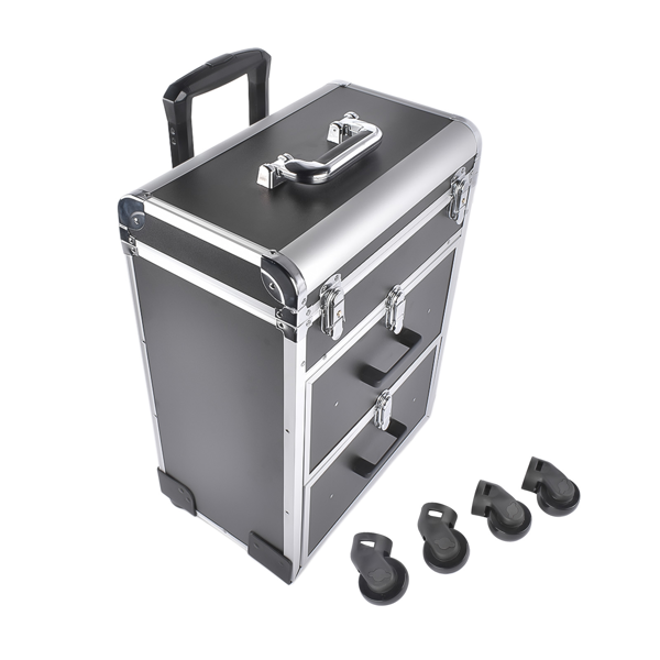 A1-万向轮拉杆美甲纹绣化妆箱 Portable 3-Tier Rolling Makeup Case with Universal Wheels for Makeup, Nail Art, Hair Styling Tools Storage (Black + Silver)-2