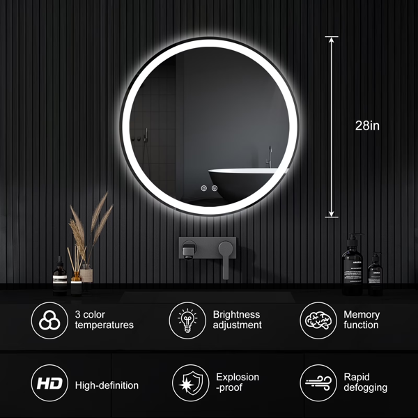 28×28 英寸圆形 LED 浴室镜，防雾，前后双光源调光，3 种色温-4