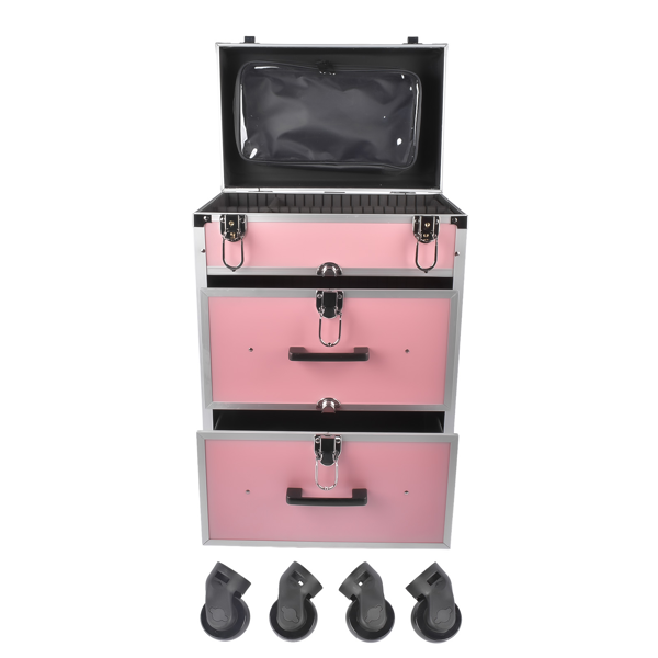 A1-万向轮拉杆美甲纹绣化妆箱 Portable 3-Tier Rolling Makeup Case with Universal Wheels for Makeup, Nail Art, Hair Styling Tools Storage (Pink + Silver)-5