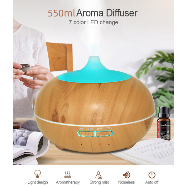 550 毫升精油香薰机，超声波雾化香薰仪；配备七色氛围灯，缺水自动停机，适用于居家、卧室、宠物房 —— 浅黄款-14