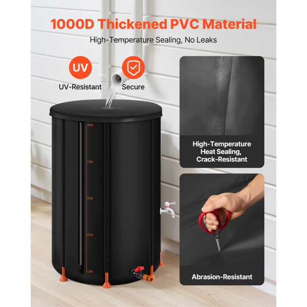 可折叠雨水收集桶，100 加仑便携储水系统，1000D 加厚 PVC 储水箱，带水龙头与溢流配件，黑色-4