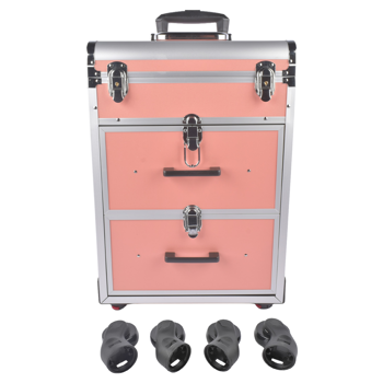 A1-万向轮拉杆美甲纹绣化妆箱 Portable 3-Tier Rolling Makeup Case with Universal Wheels for Makeup, Nail Art, Hair Styling Tools Storage (Coral Pink + Silver)
