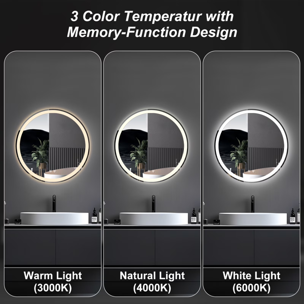 28×28 英寸圆形 LED 浴室镜，防雾，前后双光源调光，3 种色温-3