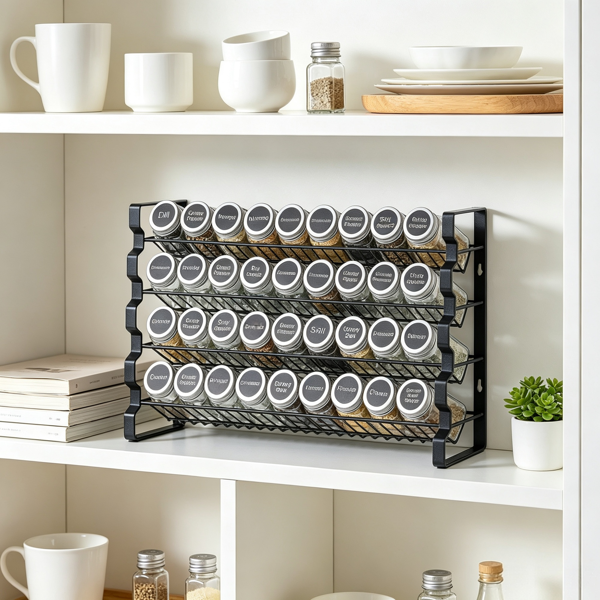 橱柜用香料架整理器（18x11“），调味品收纳套装，带36个罐子、标签和漏斗-4