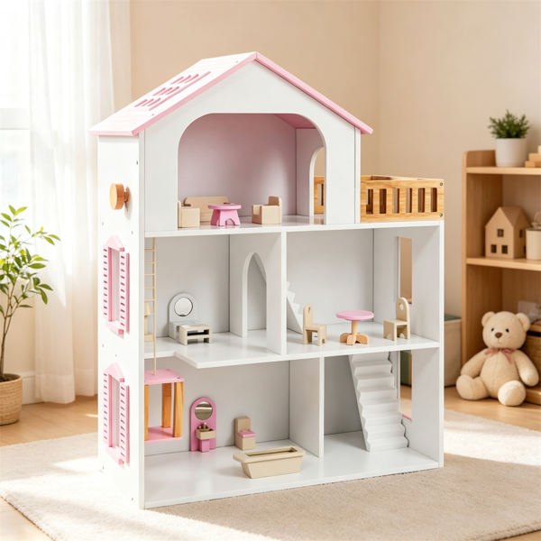 3层儿童木制玩具屋，5个游戏区，带可移动电梯和楼梯的假装游戏屋，13件家具套装，安全防倾倒设计，适合3岁以上幼儿的创意玩具礼物-粉色-4
