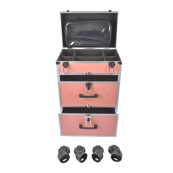 A1-万向轮拉杆美甲纹绣化妆箱 Portable 3-Tier Rolling Makeup Case with Universal Wheels for Makeup, Nail Art, Hair Styling Tools Storage (Coral Pink + Silver)-4