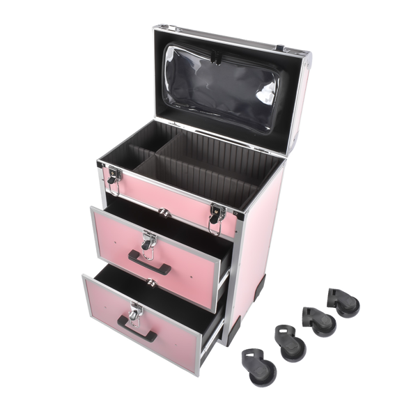 A1-万向轮拉杆美甲纹绣化妆箱 Portable 3-Tier Rolling Makeup Case with Universal Wheels for Makeup, Nail Art, Hair Styling Tools Storage (Pink + Silver)-3
